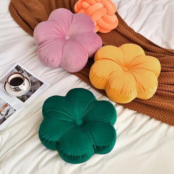 NEW  Flower Shaped Pillow with Velvet for Couch (15 Inches, Dark Green) - Picture 2 of 8